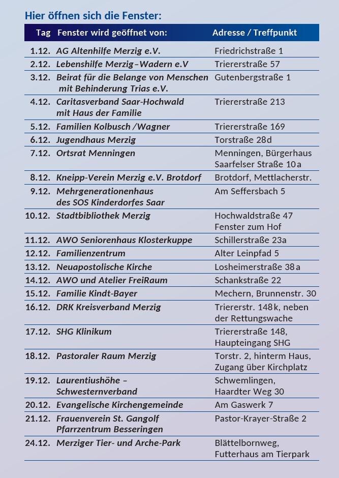 Lebendiger Adventskalender Terminübersicht